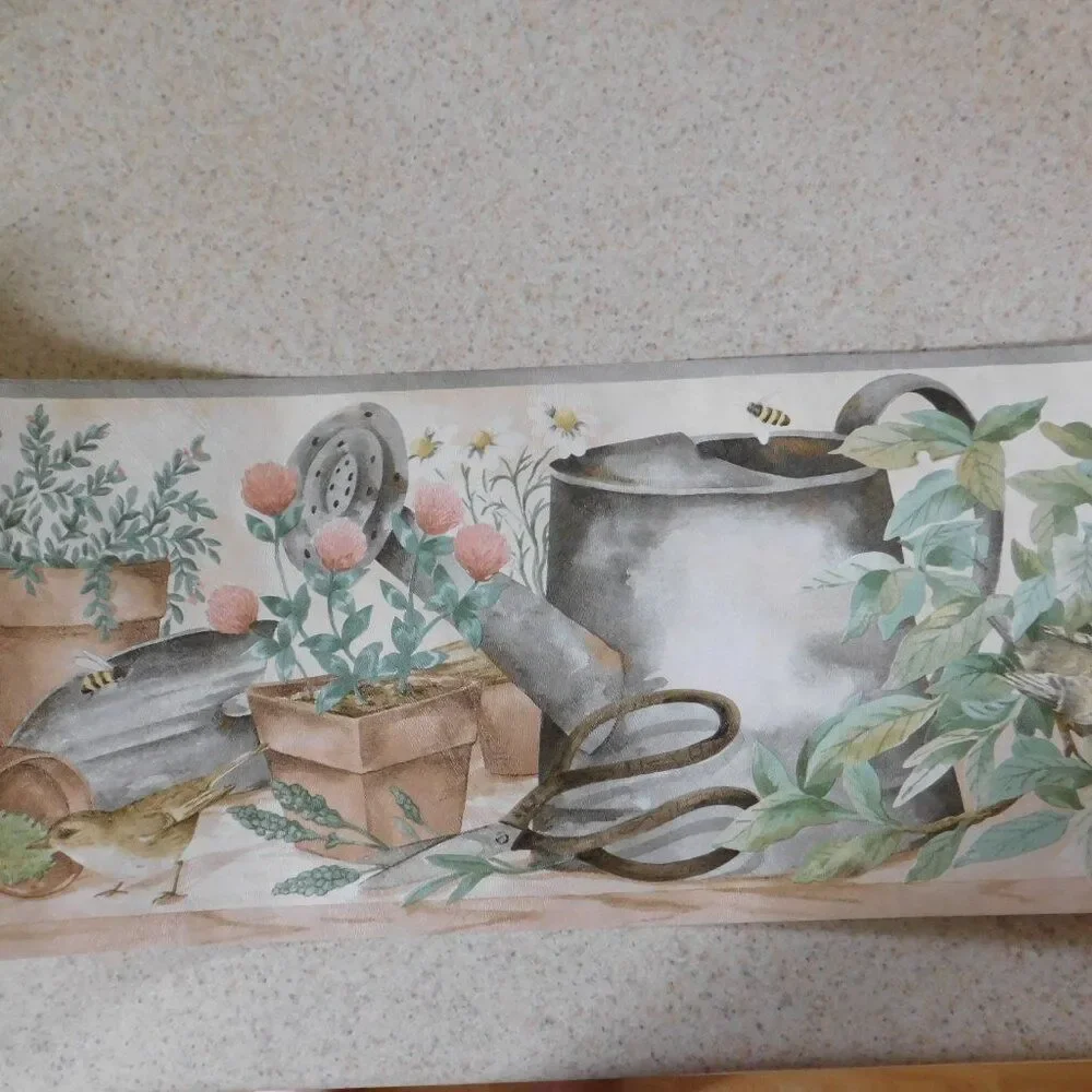 VTG Cottagecore Wallpaper Border Flower Pots‎ Bird Feeder Birds 15 Yards